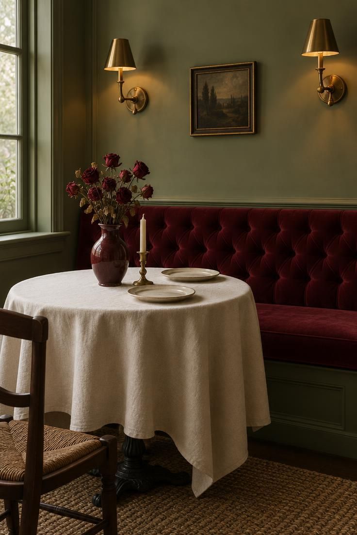 The Bold Colors That Go with Sage Green for a Room with Personality 5 A sage green dining corner with a burgundy upholstered bench, antique brass sconces, and a cream tablecloth.