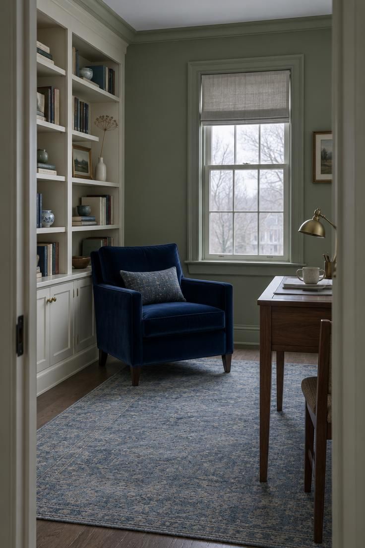 The Bold Colors That Go with Sage Green for a Room with Personality 6 A sage green study with a navy armchair, warm white shelving, and a dusty blue rug in cool light.