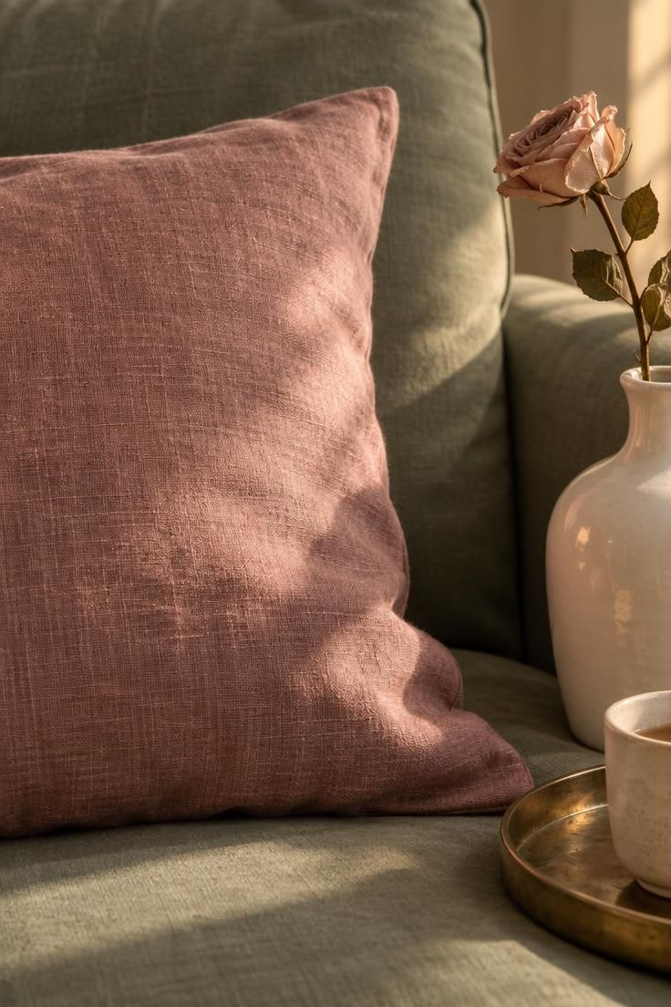 The Bold Colors That Go with Sage Green for a Room with Personality 7 A dusty rose linen cushion on a sage green sofa beside a warm white ceramic vase.