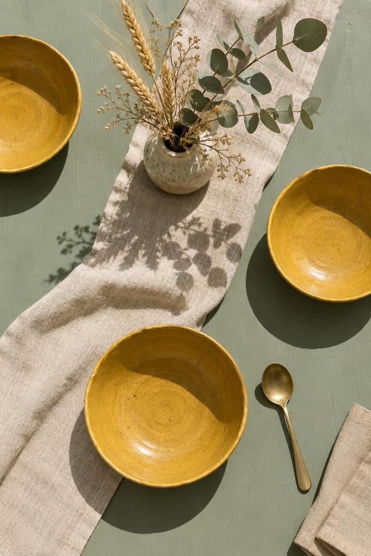 The Bold Colors That Go with Sage Green for a Room with Personality 8 An overhead view of a sage green table with mustard ceramic bowls, a beige linen runner, and dried stems.