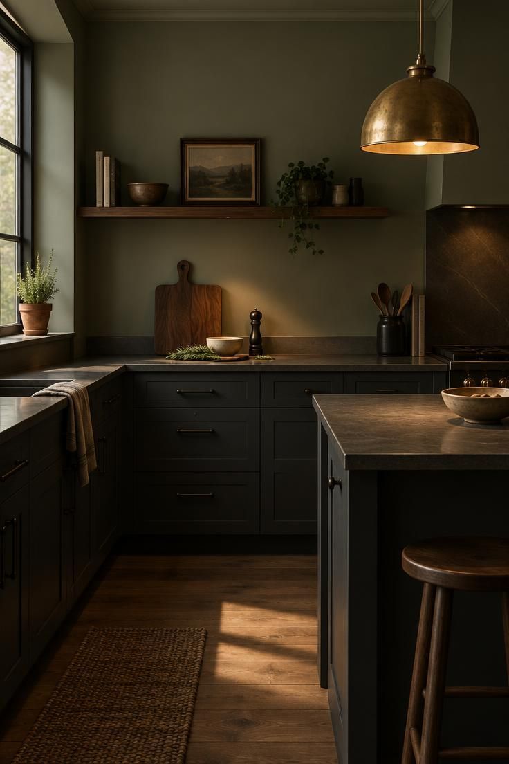 The Bold Colors That Go with Sage Green for a Room with Personality 9 A sage green kitchen with charcoal lower cabinets, black hardware, and an aged brass pendant.