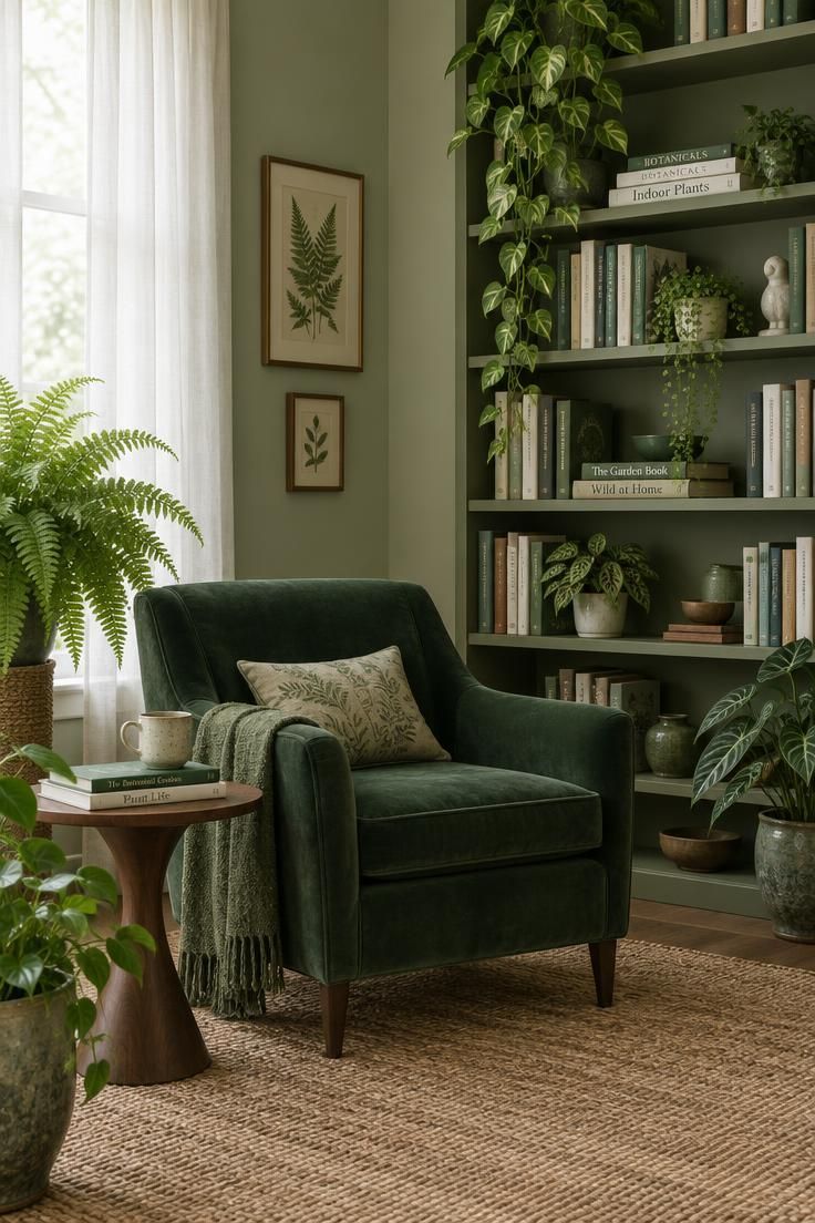 The Bold Colors That Go with Sage Green for a Room with Personality 10 A botanical reading room with pale sage walls, olive shelving, a forest green armchair, and potted plants.