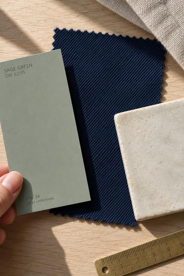 The Bold Colors That Go with Sage Green for a Room with Personality 11 A sage paint chip beside a navy fabric swatch and a cream ceramic tile in daylight.