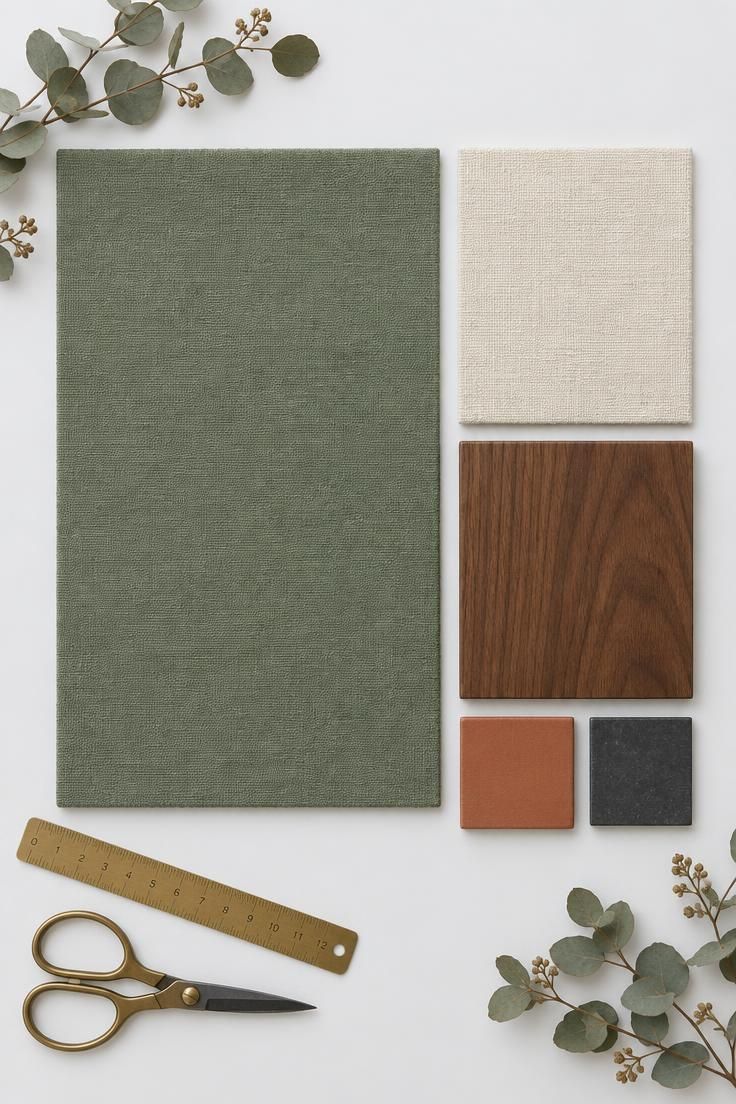 The Bold Colors That Go with Sage Green for a Room with Personality 12 A mood board with sage, cream, walnut, terracotta, and charcoal samples in visibly different proportions.