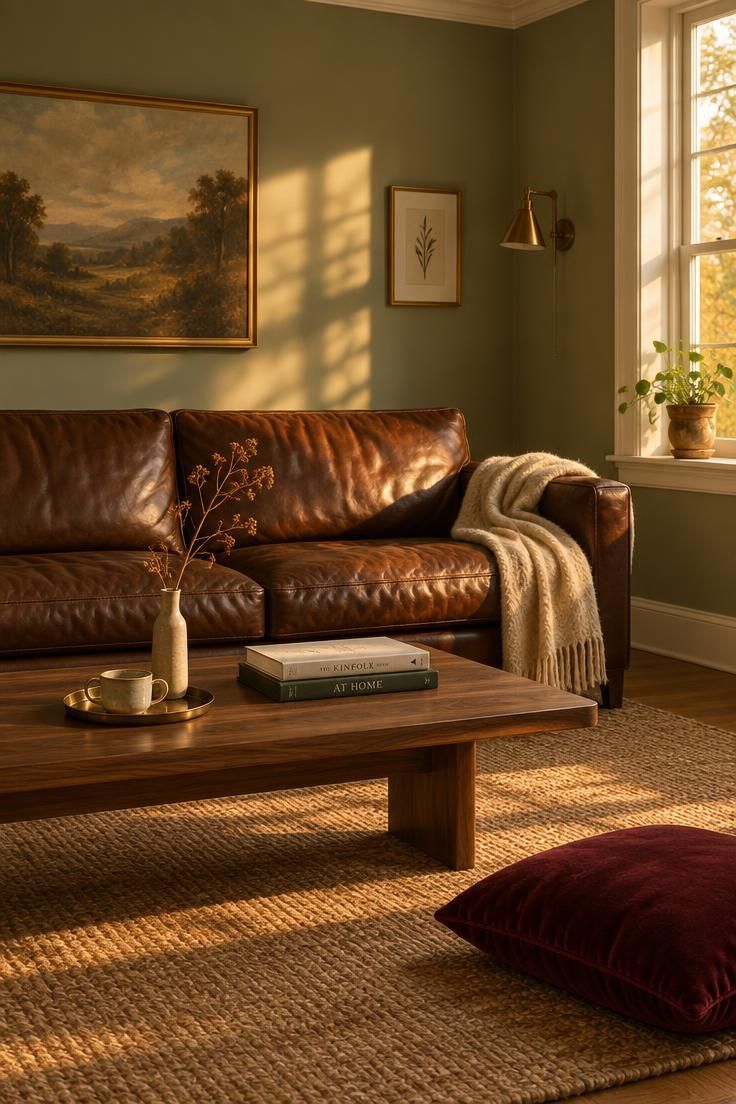 The Bold Colors That Go with Sage Green for a Room with Personality 13 A sage green living room with a chocolate leather sofa, ivory walls, and a burgundy floor cushion.