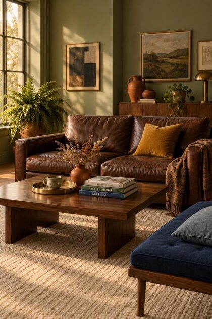 The Bold Colors That Go with Sage Green for a Room with Personality A sage green living room with a chocolate leather sofa, terracotta accents, a navy bench, and a mustard cushion in warm light.