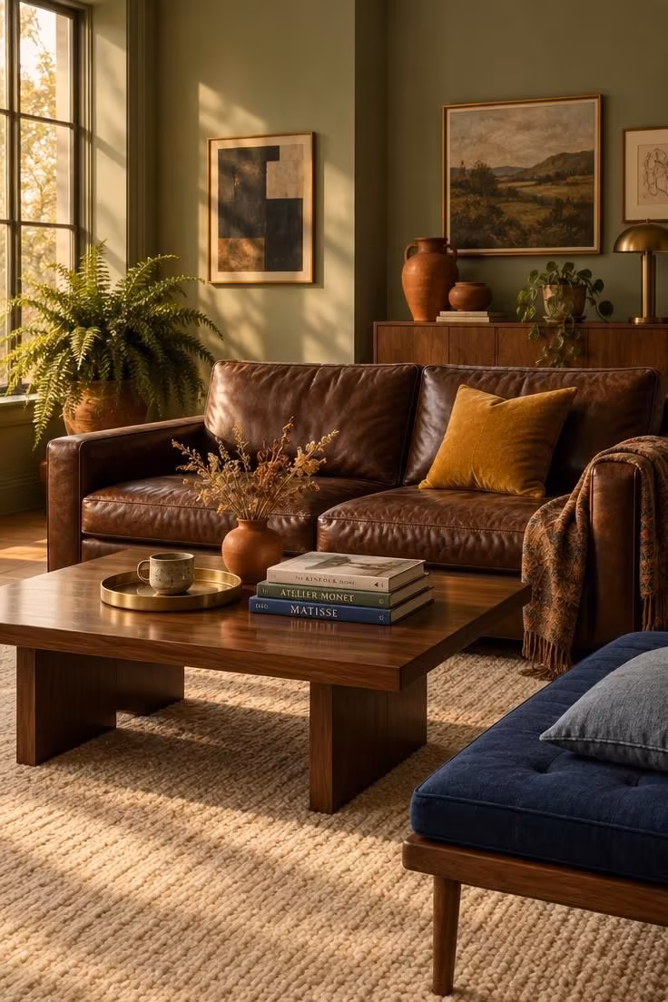 Simple Spaces 18 A sage green living room with a chocolate leather sofa, terracotta accents, a navy bench, and a mustard cushion in warm light.