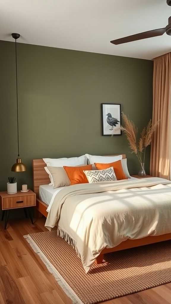 A cozy olive green bedroom featuring earth tone accents.