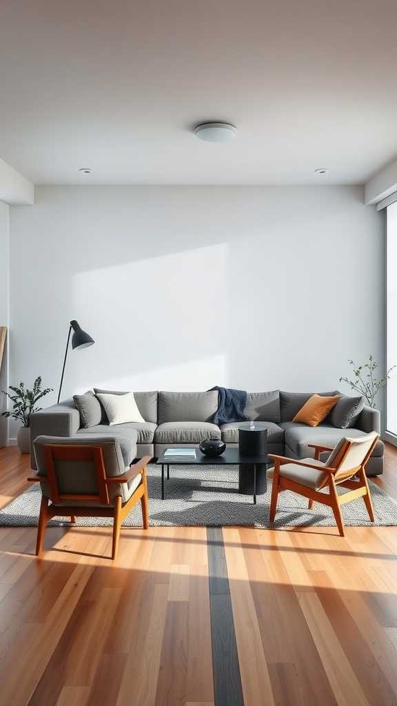 A modern minimalist living room featuring a spacious sectional sofa, stylish armchairs, and wooden flooring.