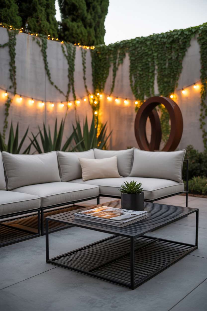 23 Stunning Concrete Patio Ideas for Stylish Outdoor Living 1 Modern concrete patio with gray sectional sofa, black coffee table, and ivy-covered walls with fairy lights