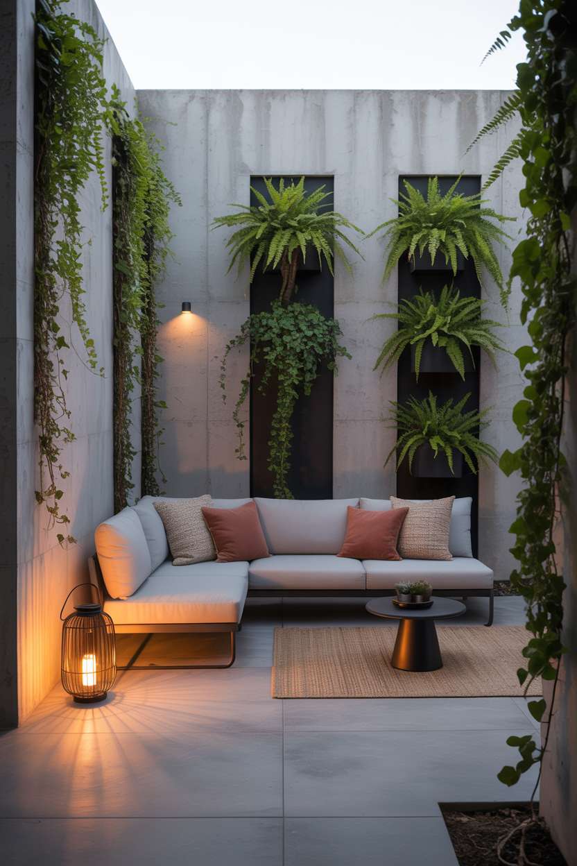 23 Stunning Concrete Patio Ideas for Stylish Outdoor Living 2 Minimalist concrete patio featuring gray sectional with earth-toned cushions and vertical planters