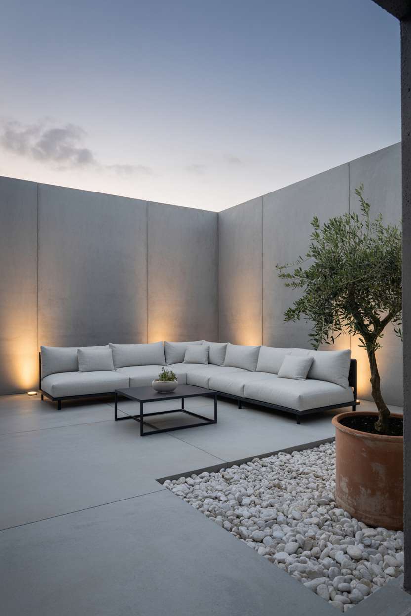 23 Stunning Concrete Patio Ideas for Stylish Outdoor Living 3 Spacious concrete patio with light gray sectional, black coffee table, and potted olive tree