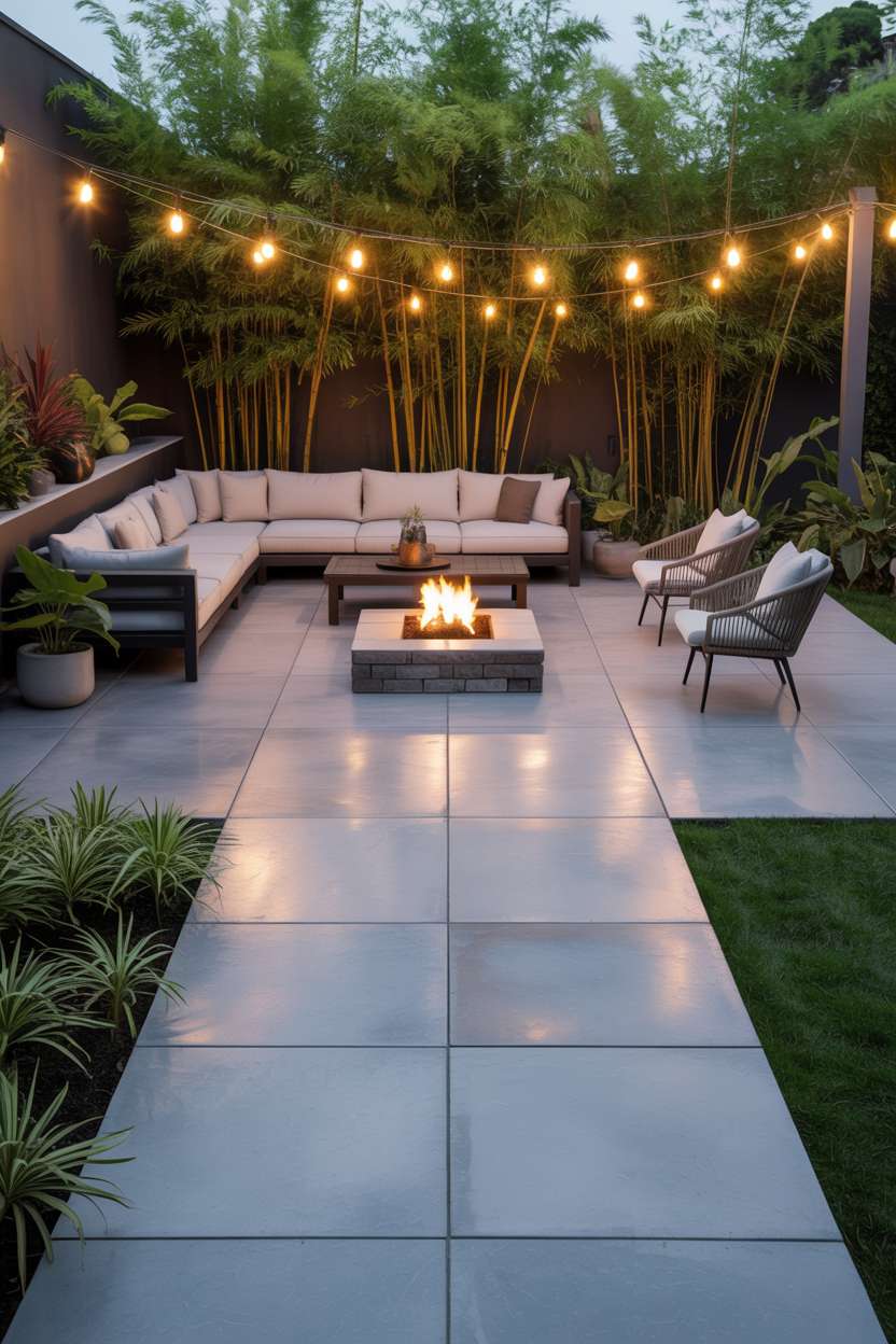 23 Stunning Concrete Patio Ideas for Stylish Outdoor Living 4 Large concrete patio with sectional sofa, dining chairs, and central stone fire pit