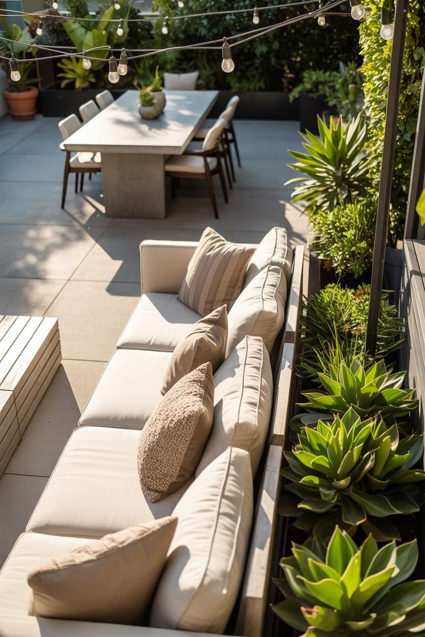 23 Stunning Concrete Patio Ideas for Stylish Outdoor Living 5 Large concrete patio with cream sectional and minimalist outdoor dining set