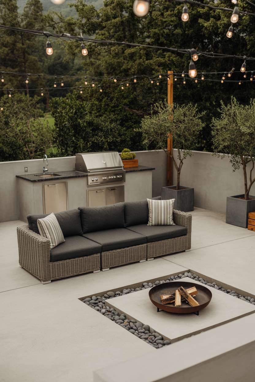 23 Stunning Concrete Patio Ideas for Stylish Outdoor Living 6 Modern patio with outdoor kitchen, charcoal sectional, and fire pit surrounded by olive trees