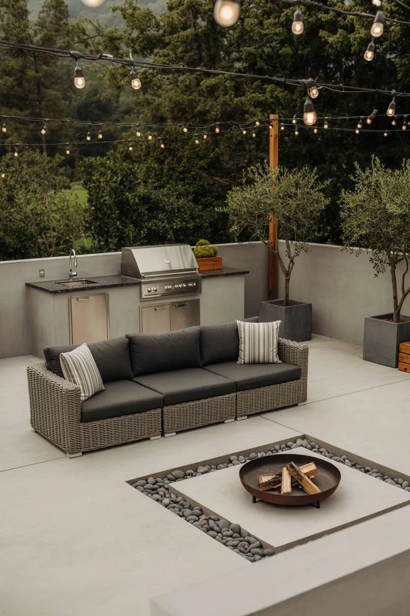 Modern patio with outdoor kitchen, charcoal sectional, and fire pit surrounded by olive trees