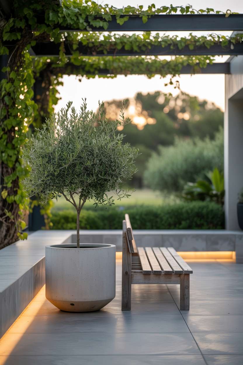 23 Stunning Concrete Patio Ideas for Stylish Outdoor Living 7 Minimalist concrete patio with central olive tree planter and wooden bench