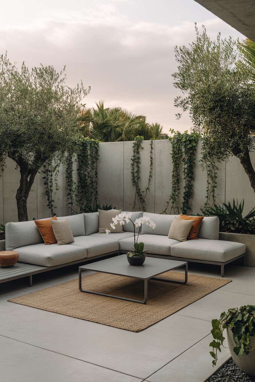23 Stunning Concrete Patio Ideas for Stylish Outdoor Living 8 Modern concrete patio with gray sectional, olive trees, and white orchid centerpiece
