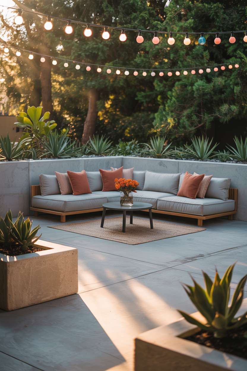 23 Stunning Concrete Patio Ideas for Stylish Outdoor Living 9 Concrete patio with gray sectional, terracotta pillows, and orange flower centerpiece