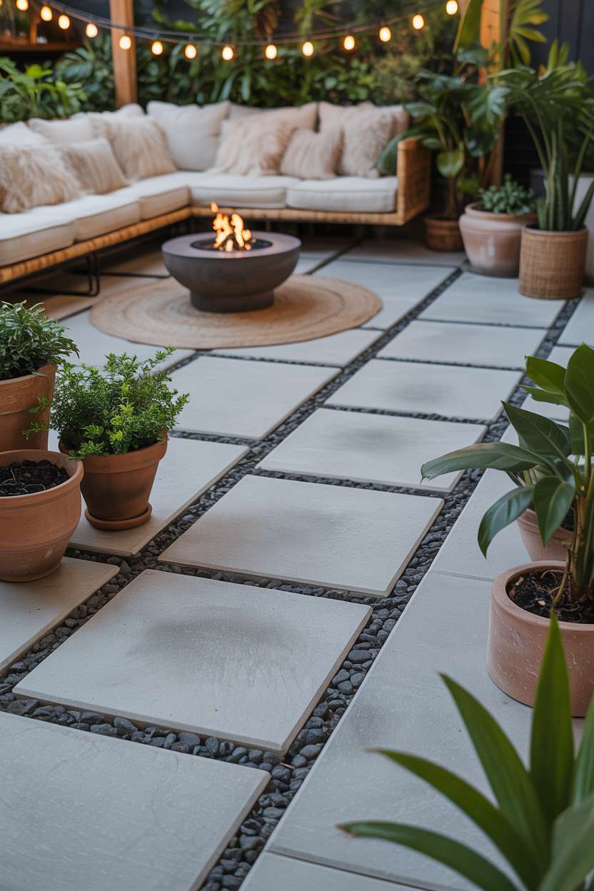 23 Stunning Concrete Patio Ideas for Stylish Outdoor Living 10 Modern concrete patio with geometric pavers, round fire pit, and string lights