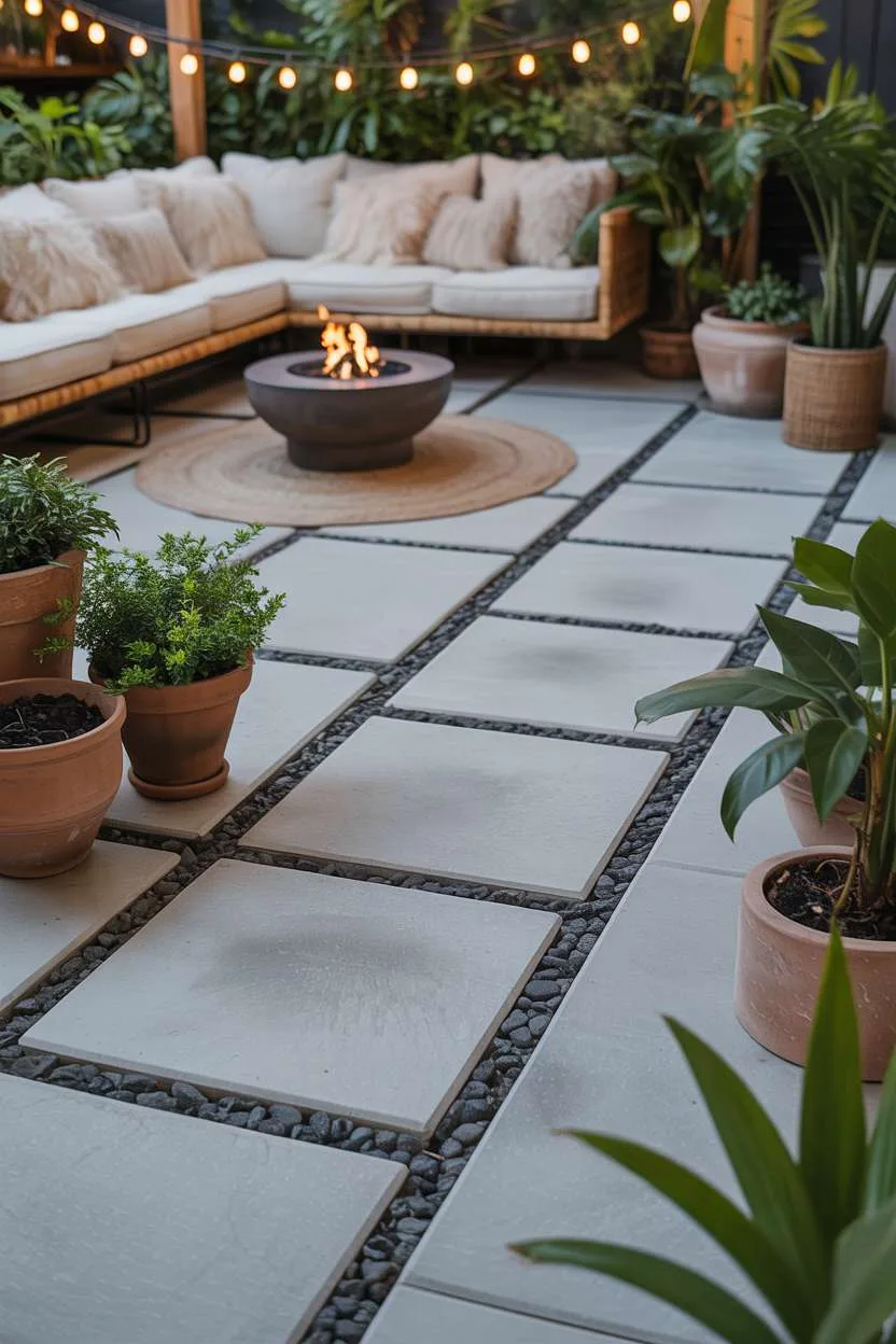 Modern concrete patio with geometric pavers, round fire pit, and string lights