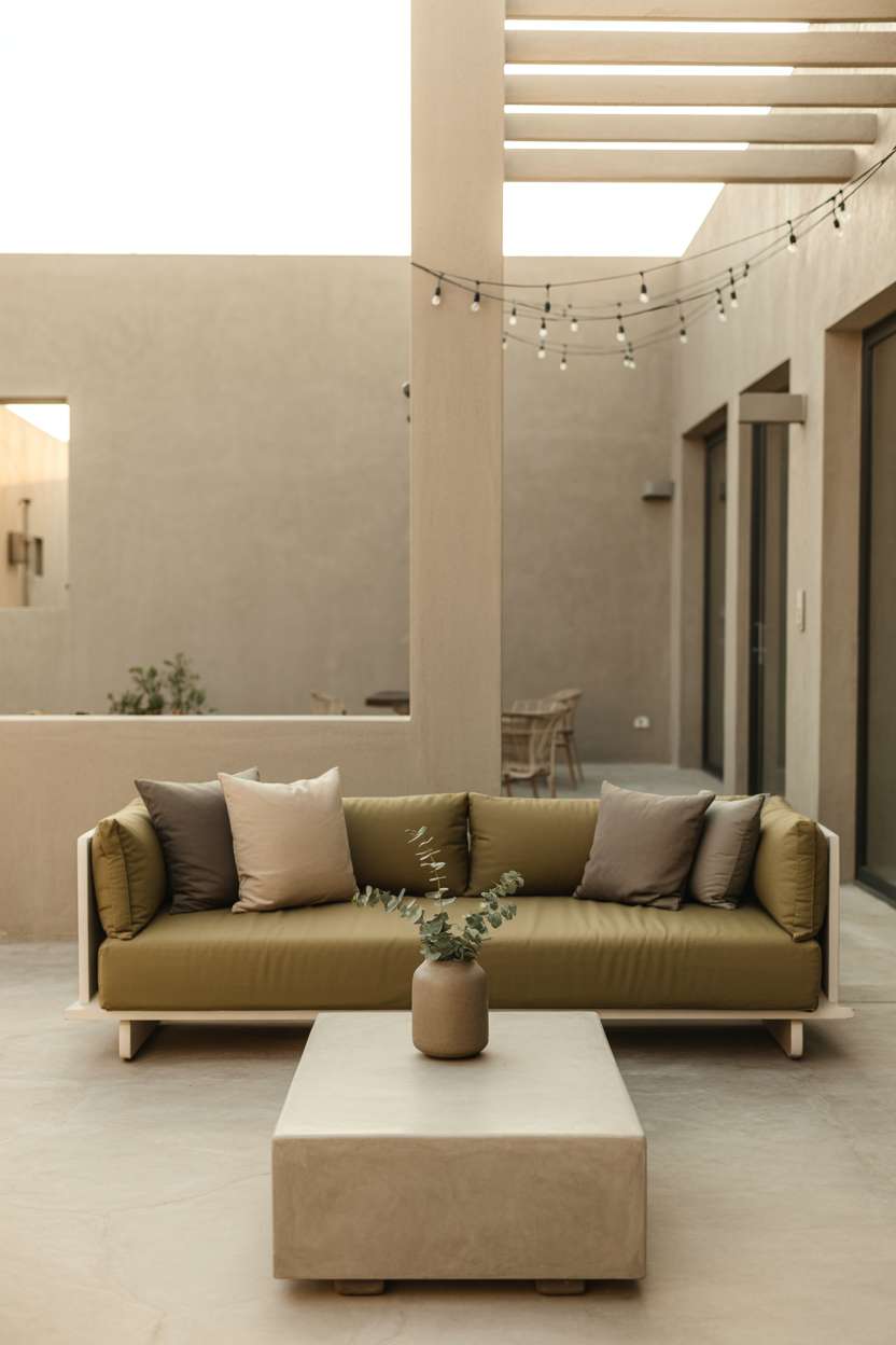 23 Stunning Concrete Patio Ideas for Stylish Outdoor Living 11 Stylish concrete patio with olive-green outdoor sofa and eucalyptus centerpiece