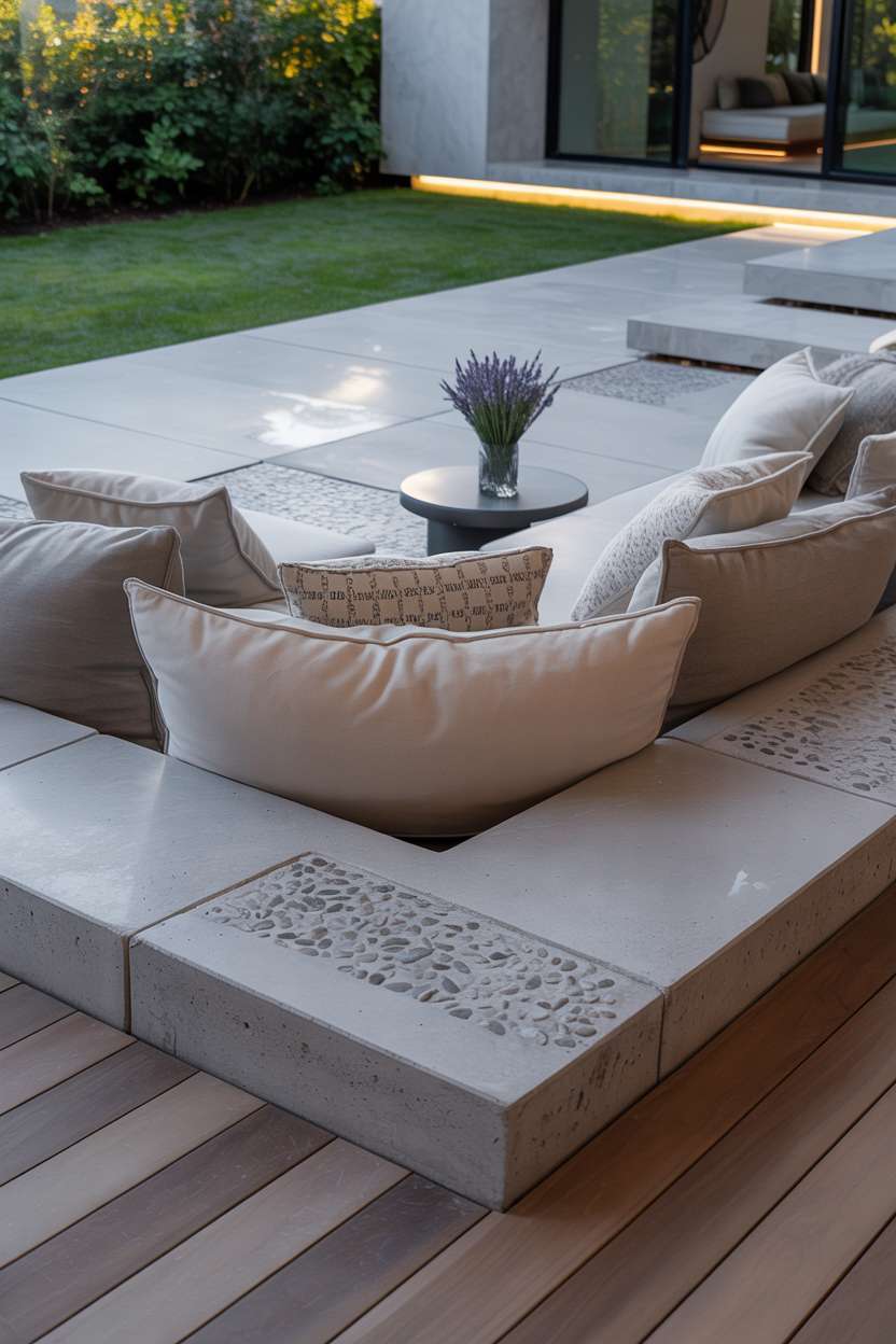 23 Stunning Concrete Patio Ideas for Stylish Outdoor Living 12 Modern concrete patio with embedded pebbles and wooden decking frame