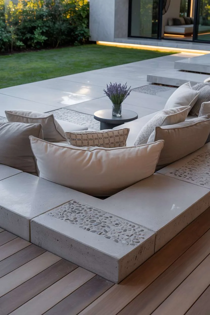 Modern concrete patio with embedded pebbles and wooden decking frame