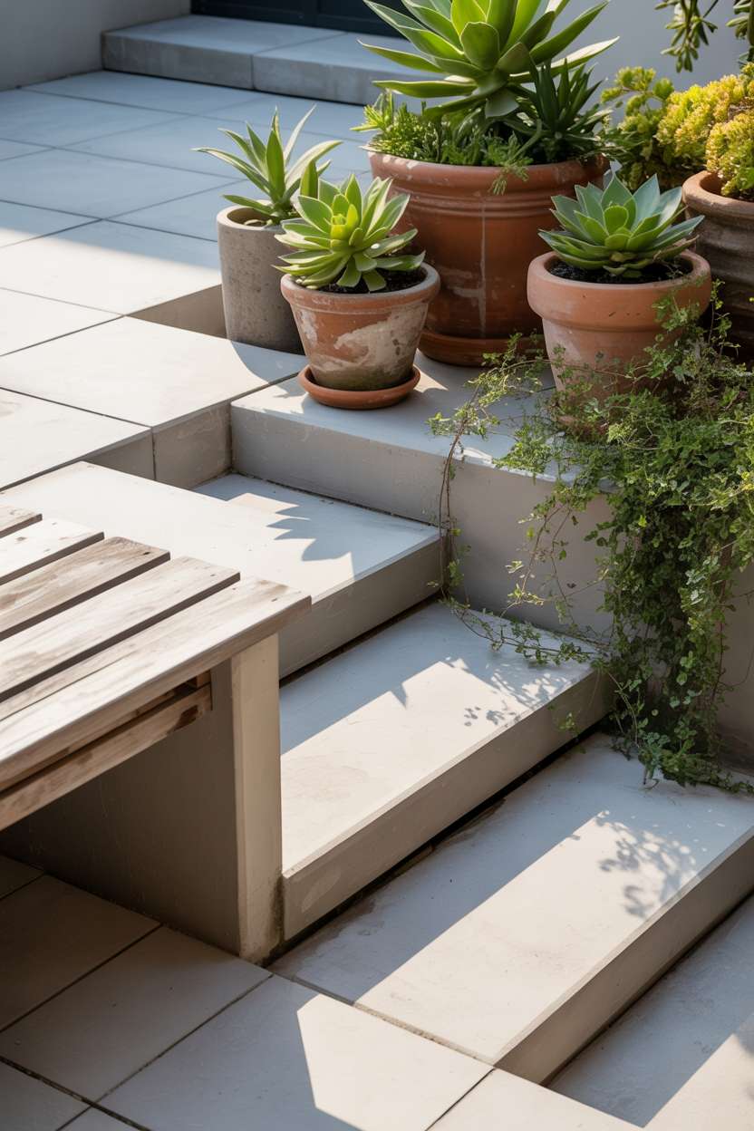 23 Stunning Concrete Patio Ideas for Stylish Outdoor Living 13 Compact concrete patio with weathered wooden bench and succulent collection