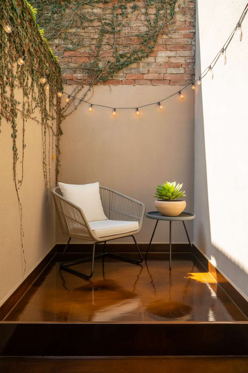 23 Stunning Concrete Patio Ideas for Stylish Outdoor Living 14 Small patio with stained concrete, wicker chair, and ivy-covered brick walls