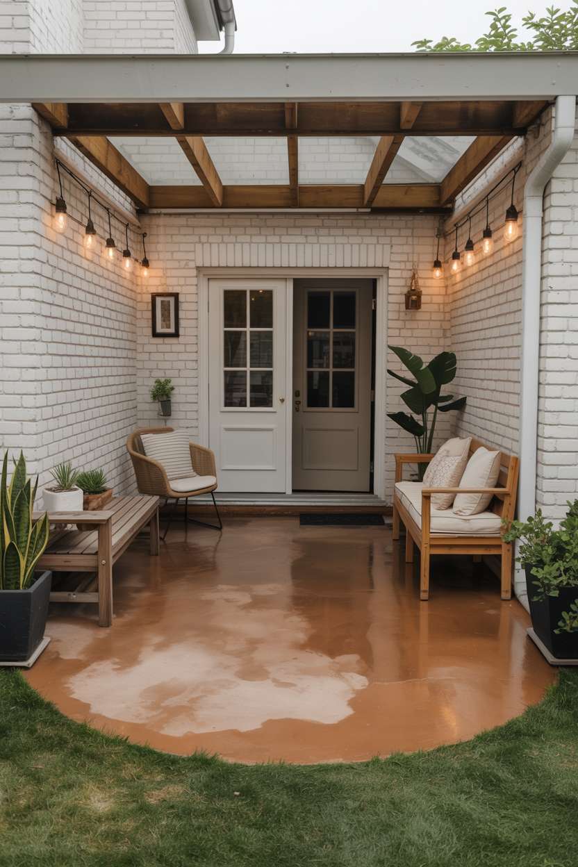 23 Stunning Concrete Patio Ideas for Stylish Outdoor Living 15 White brick patio with wooden pergola, terracotta concrete floor, and mixed seating
