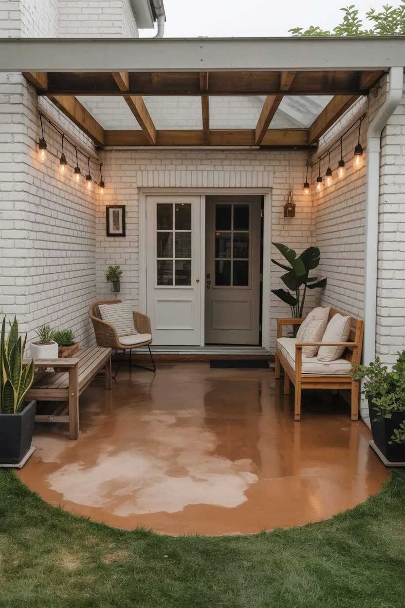 White brick patio with wooden pergola, terracotta concrete floor, and mixed seating