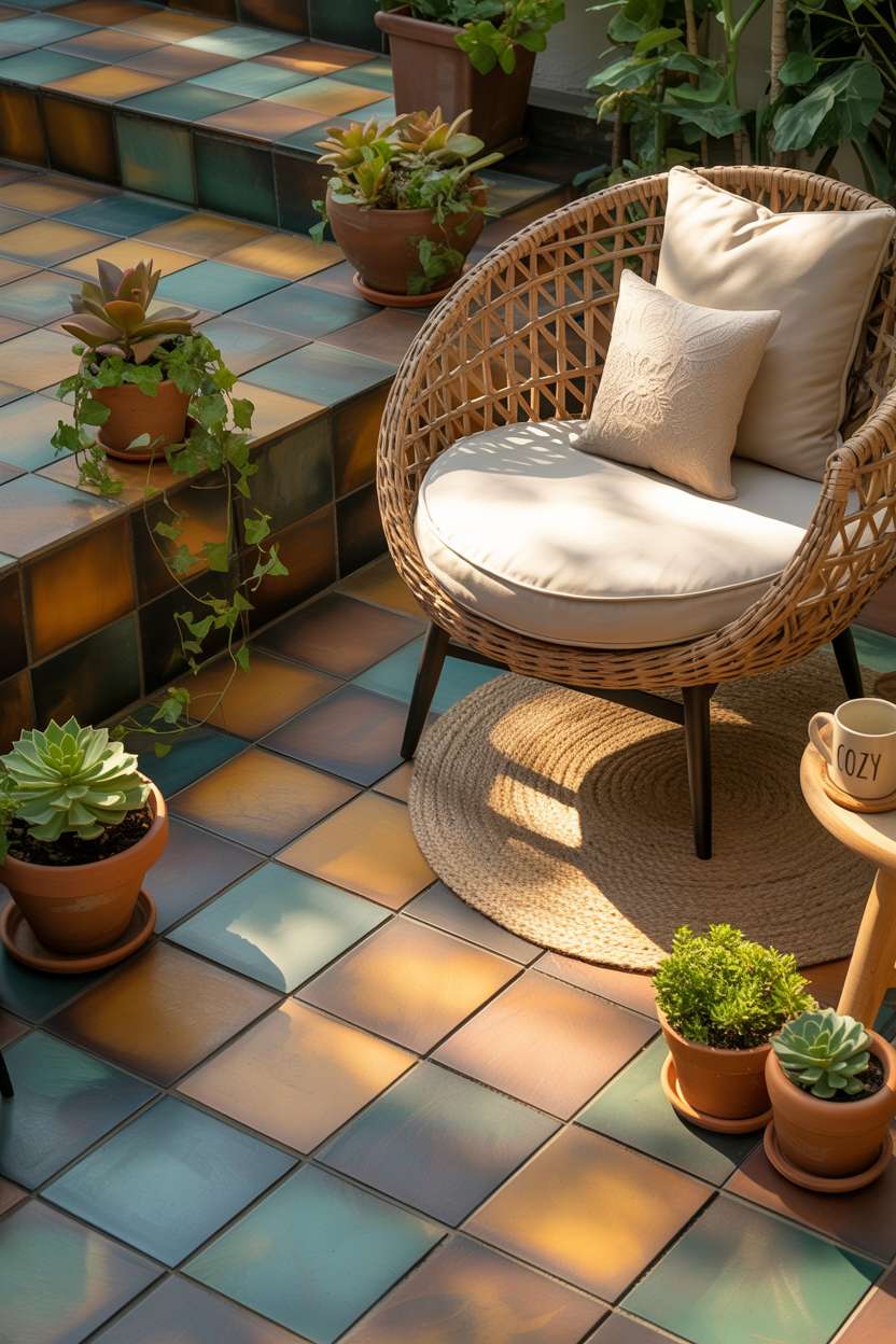 23 Stunning Concrete Patio Ideas for Stylish Outdoor Living 17 Modern patio with teal and ochre stained concrete and circular rattan chair