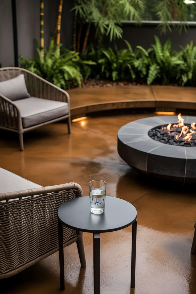 23 Stunning Concrete Patio Ideas for Stylish Outdoor Living 18 Modern patio with circular stone fire pit and minimalist seating