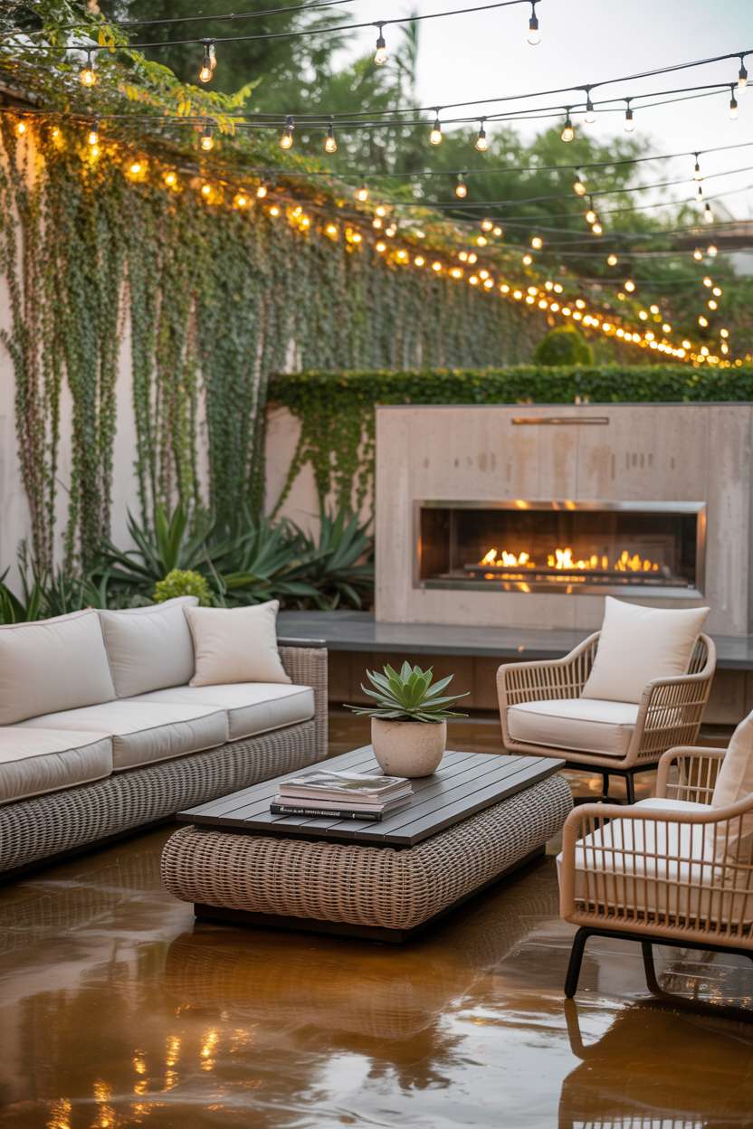 23 Stunning Concrete Patio Ideas for Stylish Outdoor Living 19 Modern patio with outdoor fireplace, sectional seating, and climbing ivy
