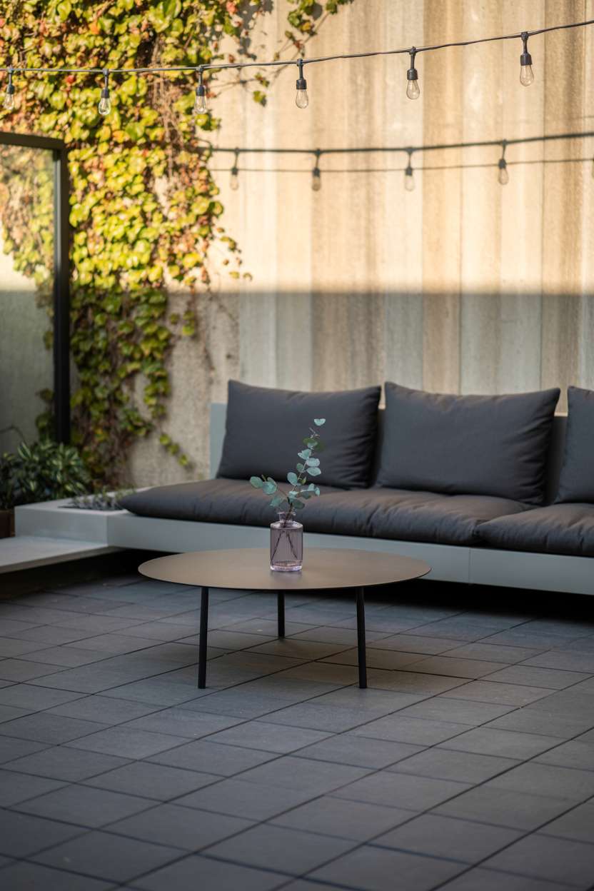 23 Stunning Concrete Patio Ideas for Stylish Outdoor Living 20 Modern concrete patio with charcoal sofa in golden afternoon light