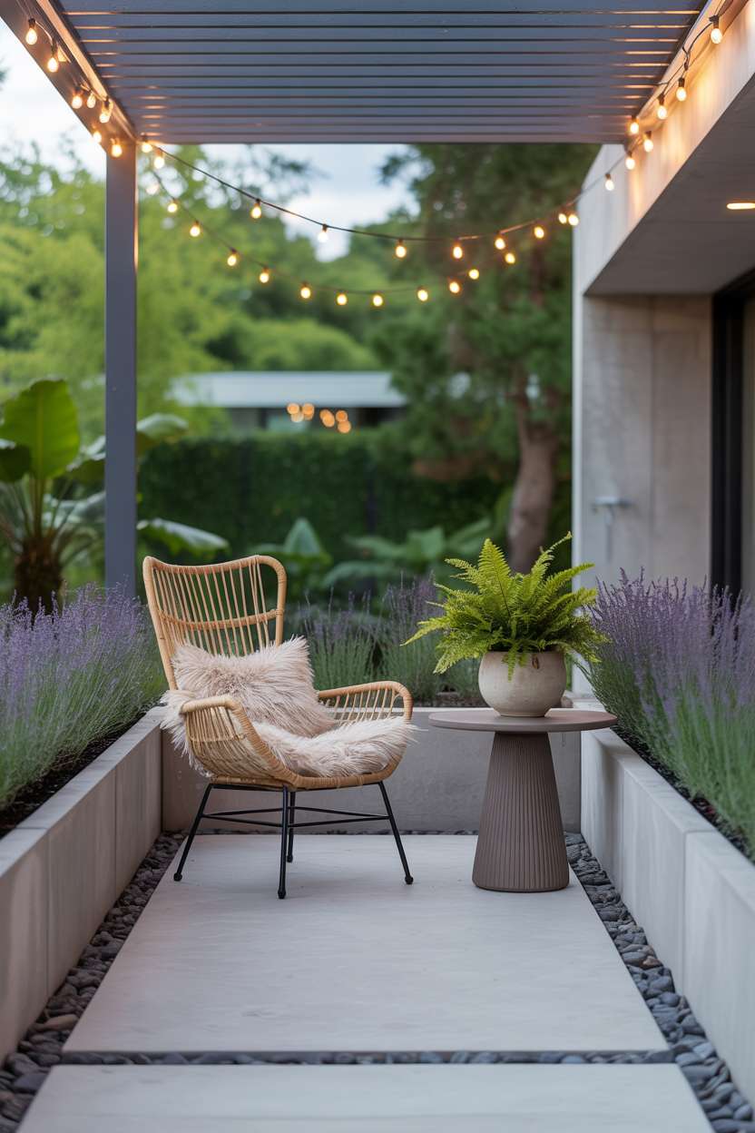 23 Stunning Concrete Patio Ideas for Stylish Outdoor Living 21 Modern concrete patio with rattan chair and lavender planters