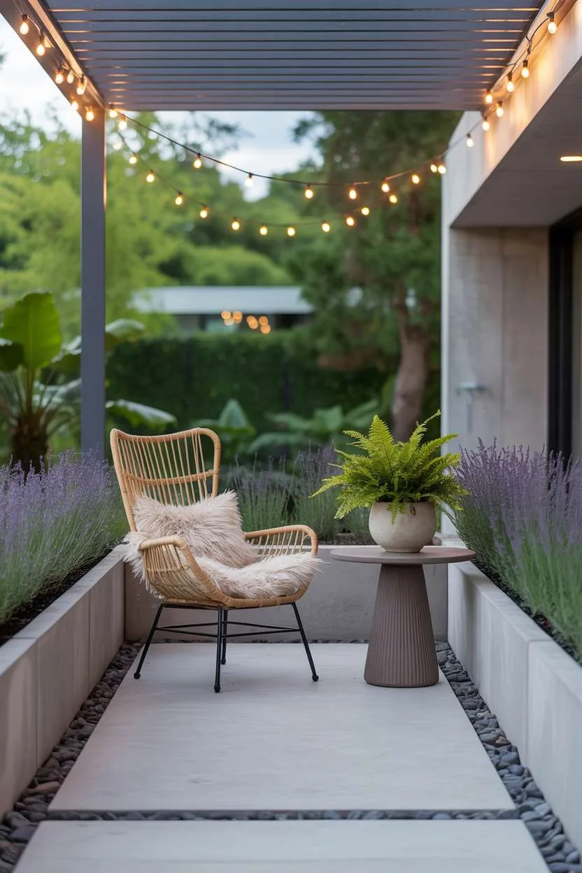Modern concrete patio with rattan chair and lavender planters