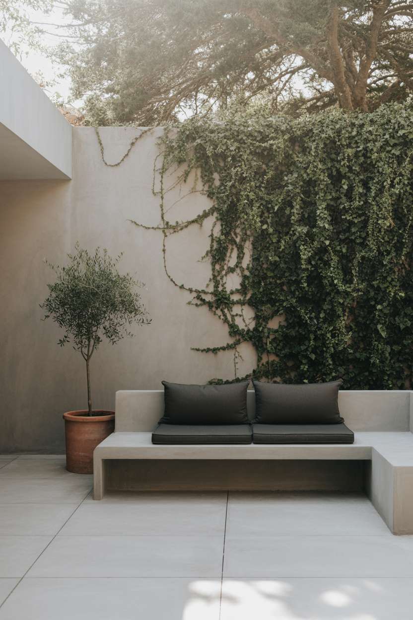 23 Stunning Concrete Patio Ideas for Stylish Outdoor Living 22 Modern concrete patio with gray bench and olive tree backdrop