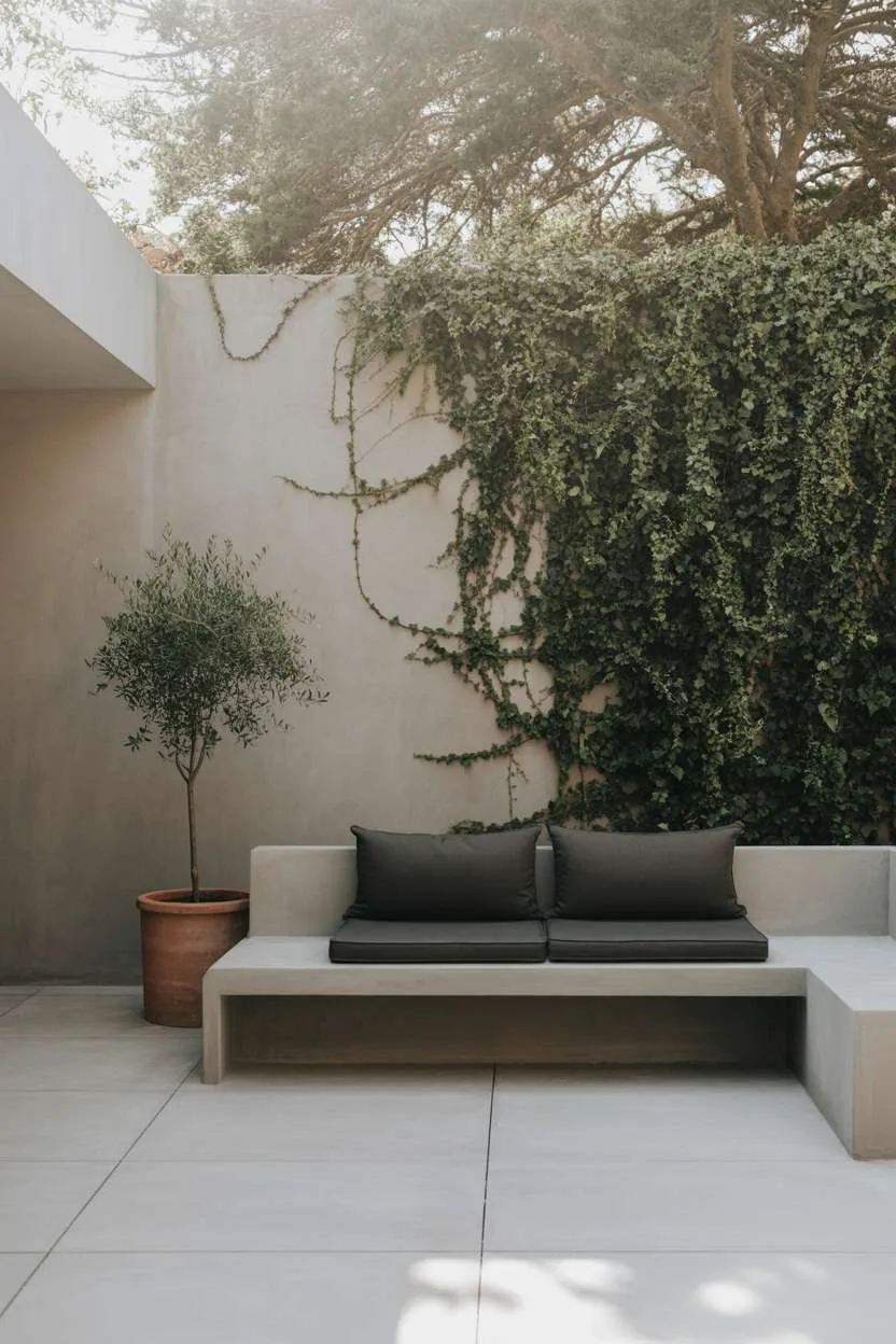 Modern concrete patio with gray bench and olive tree backdrop