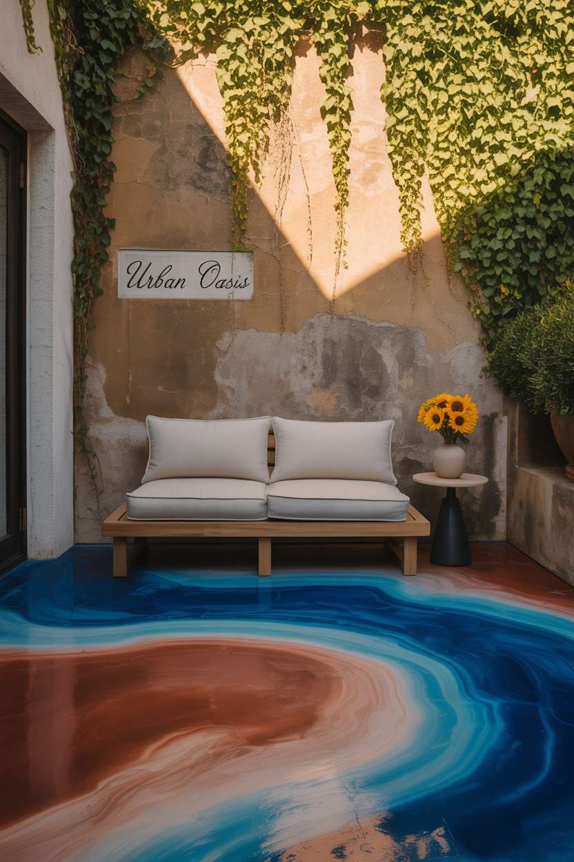 23 Stunning Concrete Patio Ideas for Stylish Outdoor Living 23 Stylish patio with vibrant stained concrete floor in blues and terracotta