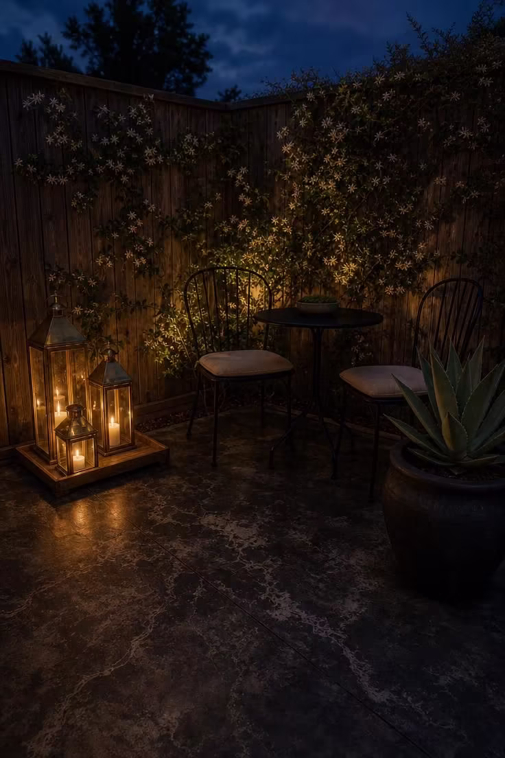 Charcoal acid-stained concrete slab patio with brass lantern cluster on a teak tray at dusk