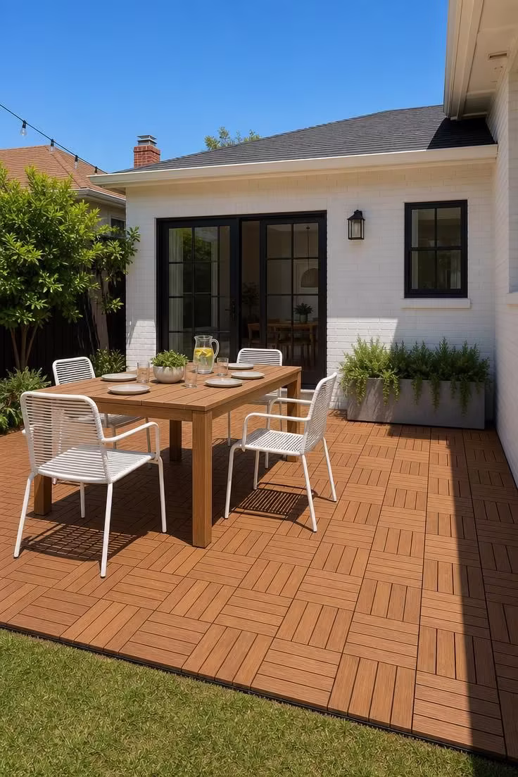 Composite interlocking deck tiles in cedar tone covering a full concrete slab patio with white dining set