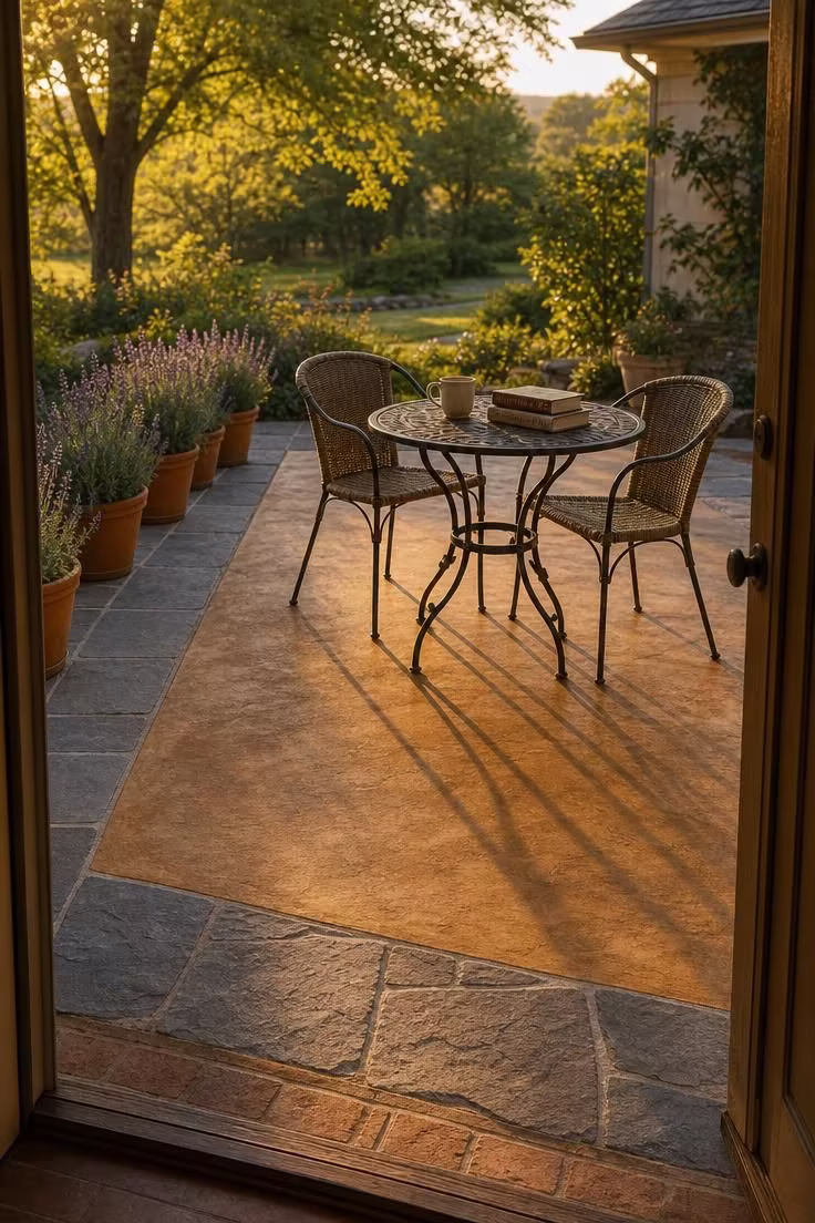 Bluestone border pavers framing a honey-stained concrete center panel with wrought-iron cafe table at golden hour