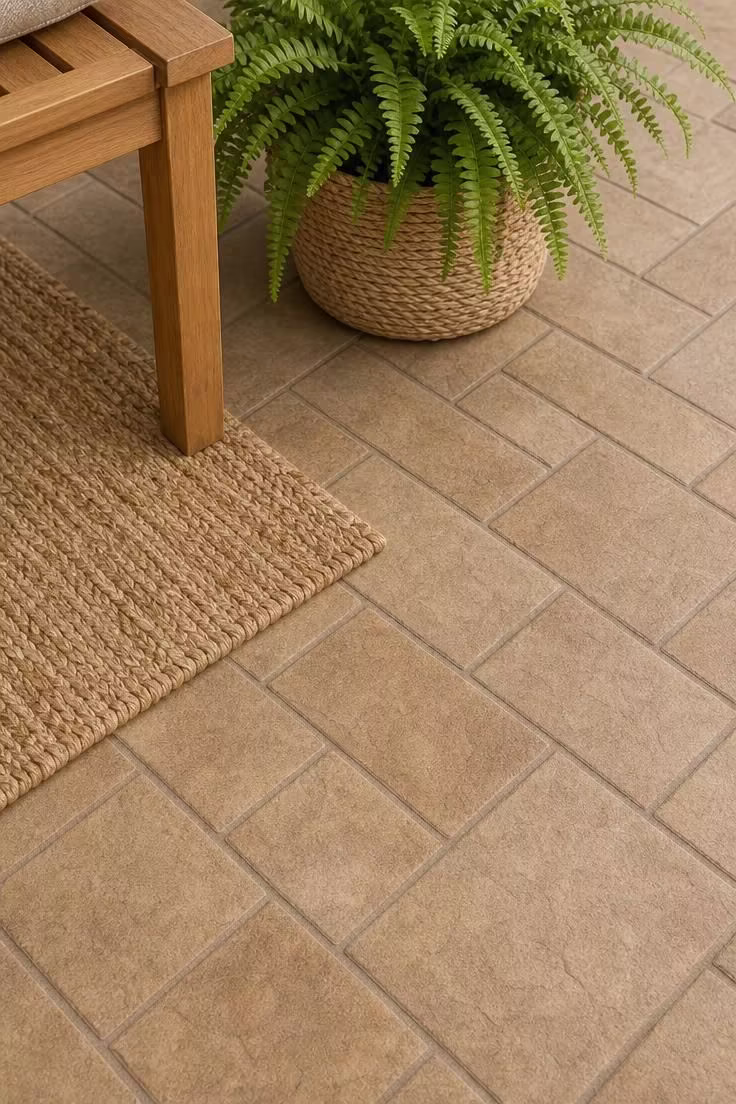Close-up of stamped herringbone concrete overlay in sandstone tones with woven jute rug and potted fern
