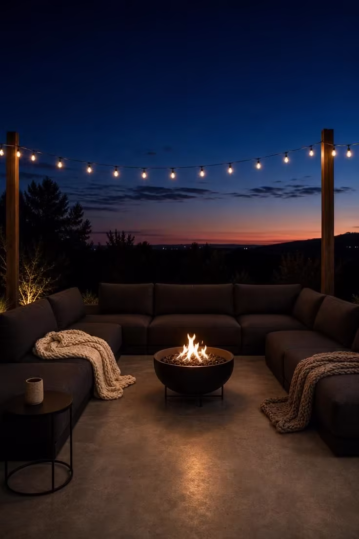 Modular charcoal seating arranged around a matte black fire bowl on a bare concrete slab patio at dusk