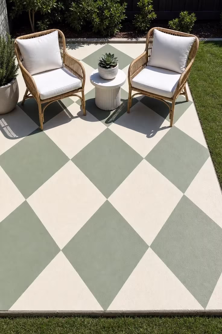 Sage green and cream geometric diamond pattern painted on a concrete slab patio with rattan armchairs in bright sunlight