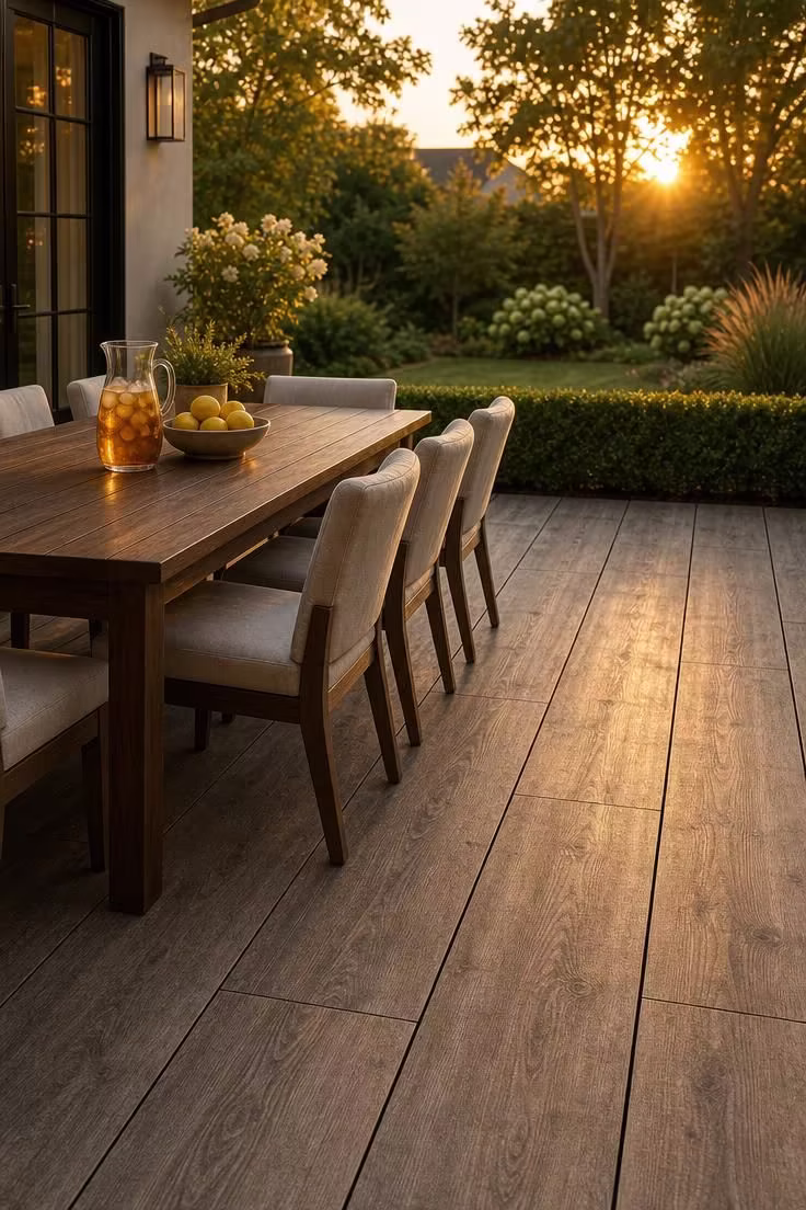 Porcelain wood-look pavers on pedestal risers over a concrete slab patio with outdoor dining table at golden hour