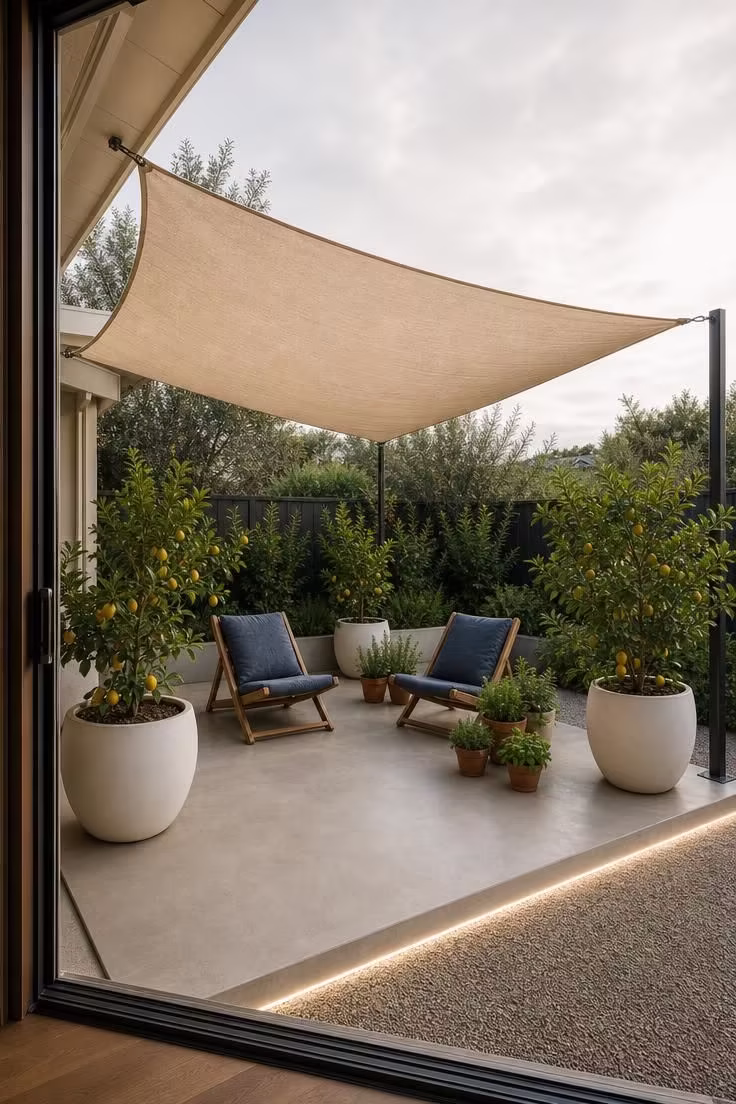 Triangular linen shade sail over a concrete slab patio with potted citrus trees at each corner and low wooden lounge chairs