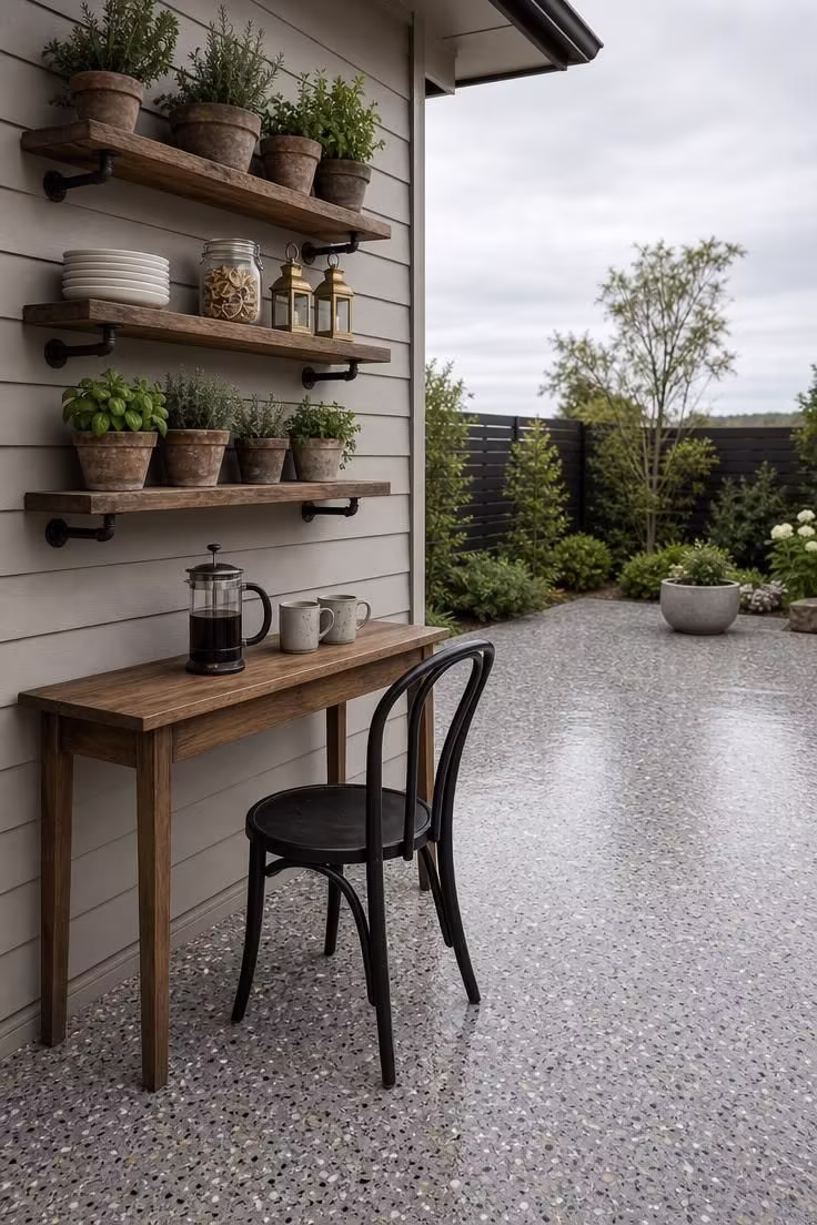 Epoxy flake finish on a concrete slab patio with black iron pipe shelving holding potted herbs and stacked plates on an overcast morning